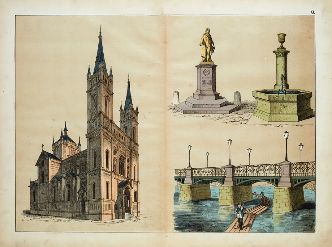A Church Statue Well And Bridge Wall Art by D. Englert - High-Resolution Digital Print