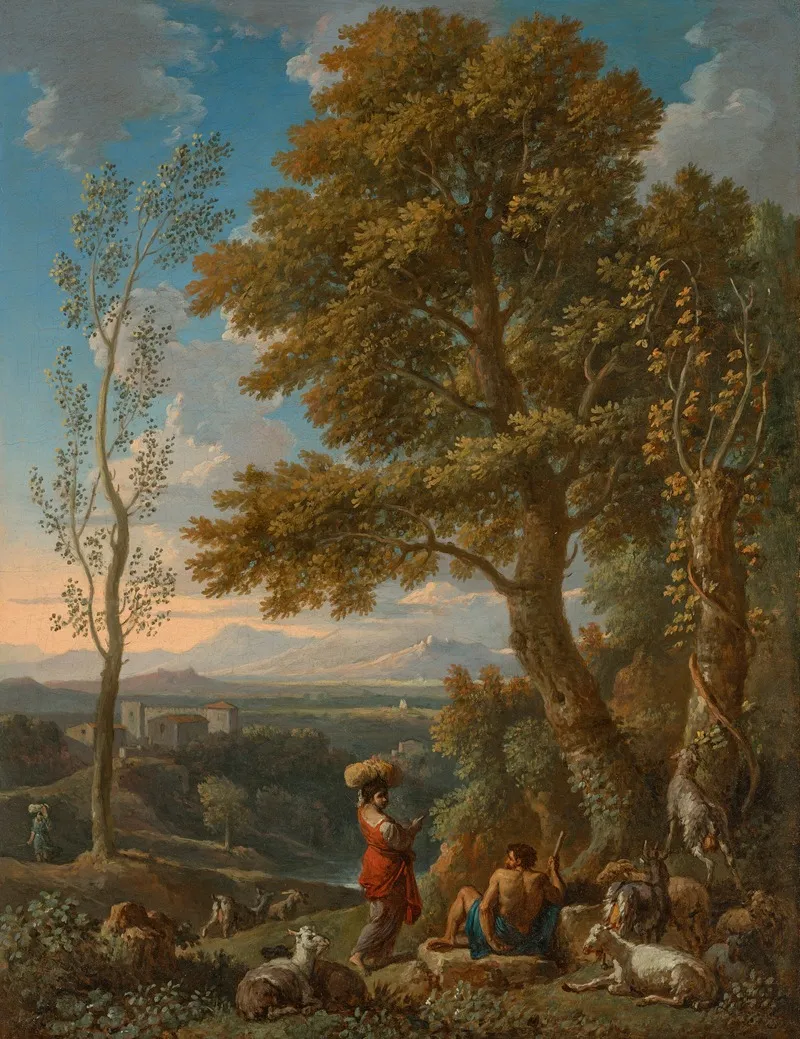 A Classical Italianate Landscape With A Goatherd And His Flock Mountains Beyond