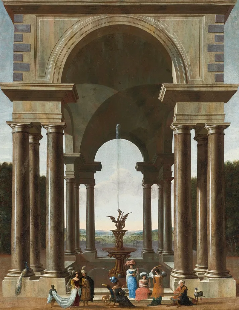 A Classical Portico With An Elegant Company Gathered By A Fountain Wall Art by Jacob Ferdinand Saeys - High-Resolution Digital Print