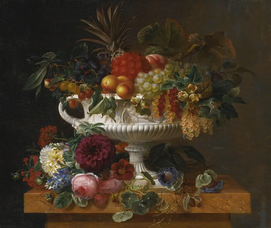 A Classical Urn With Gooseberries Apricots Currents Cherries Peaches And Pineapple Set On A Flower Covered Plinth Wall Art by Johan Laurentz Jensen - High-Resolution Digital Print