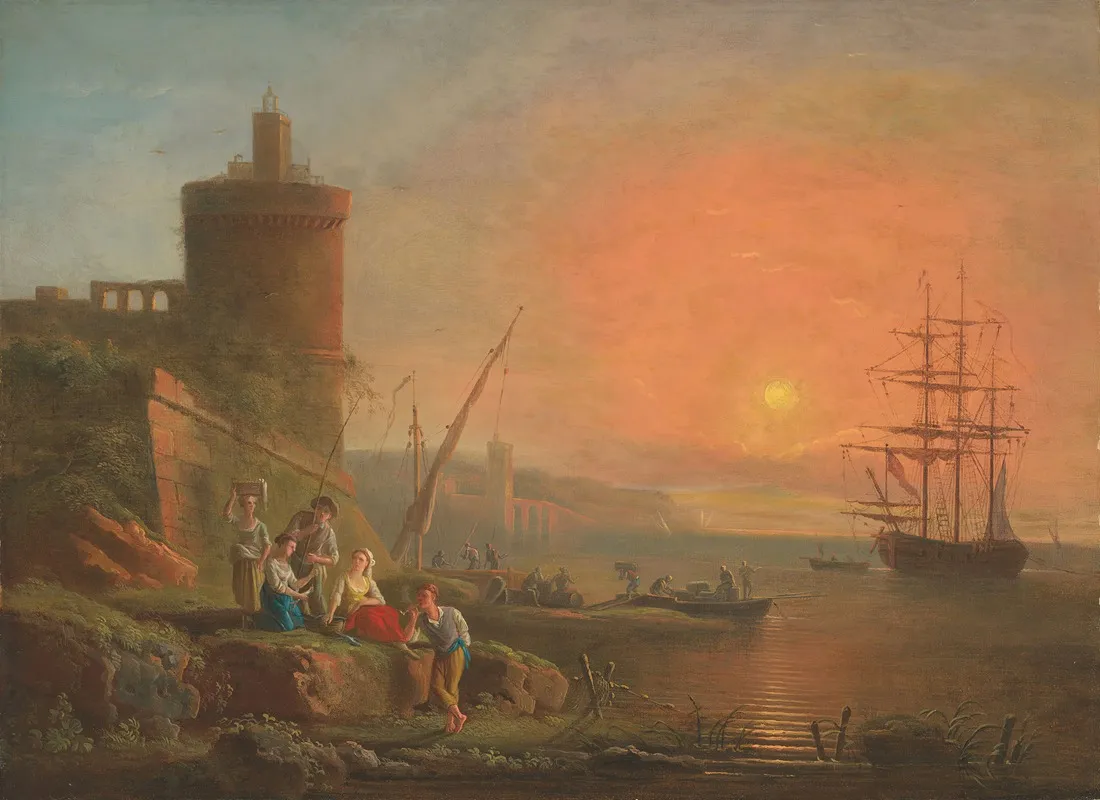 A Coastal Landscape At Sunset With Fisherfolk By The Shore Wall Art by Francesco Fidanza - High-Resolution Digital Print