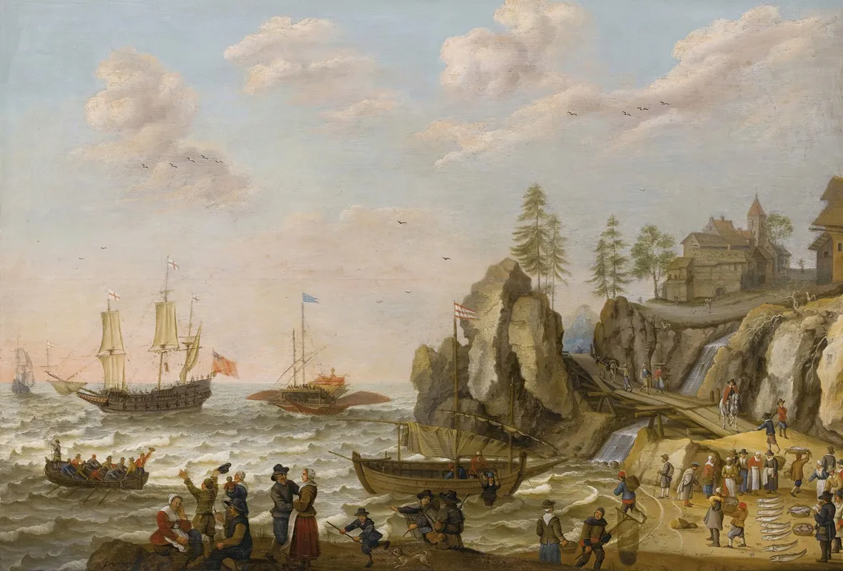 A Coastal Landscape With A Galley An English Galley Frigate And A Rowing Boat In Choppy Waters Wall Art by Isaac Willaerts - High-Resolution Digital Print