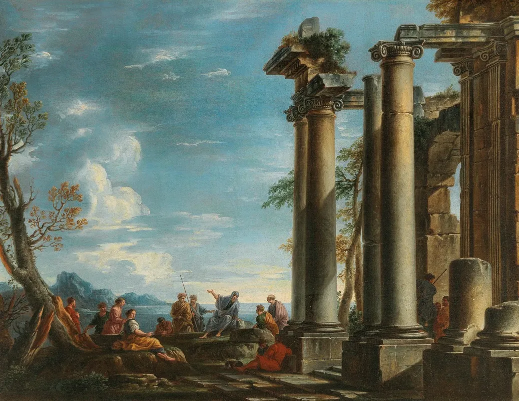 A Coastal Landscape With Figures By A Classical Ruin Wall Art by Giovanni Ghisolfi - High-Resolution Digital Print