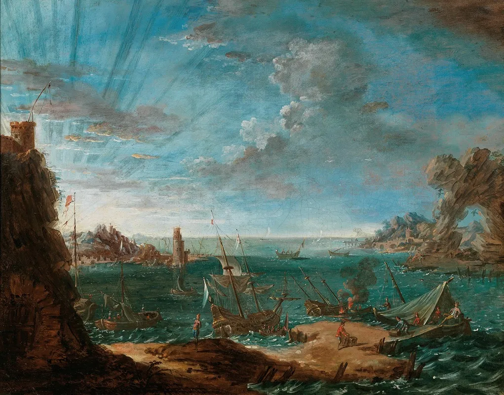 A Coastal Landscape With Ships And Figures Wall Art by Lodovico Mattioli - High-Resolution Digital Print