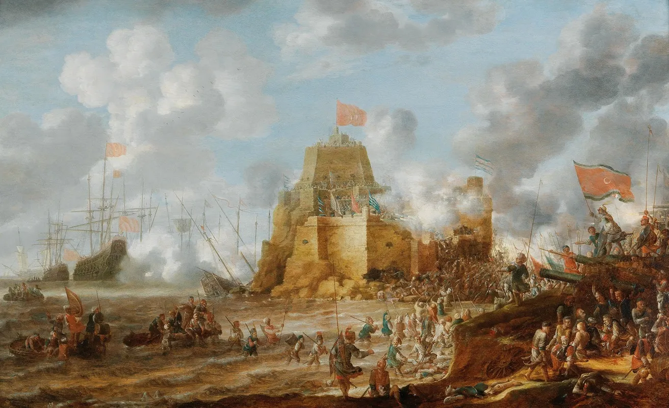 A Coastal Landscape With Turkish Soldiers Attacking A Christian Fortress