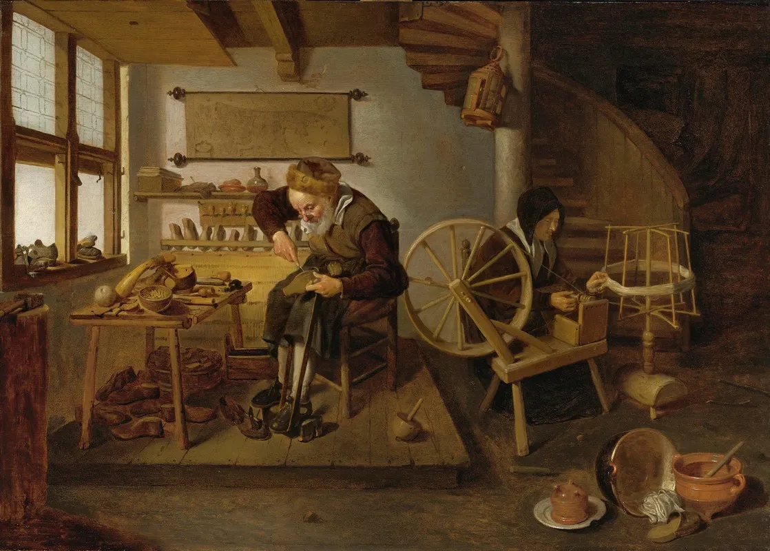 A Cobbler At Work His Wife Spinning Wool Wall Art by Quirijn Van Brekelenkam - High-Resolution Digital Print
