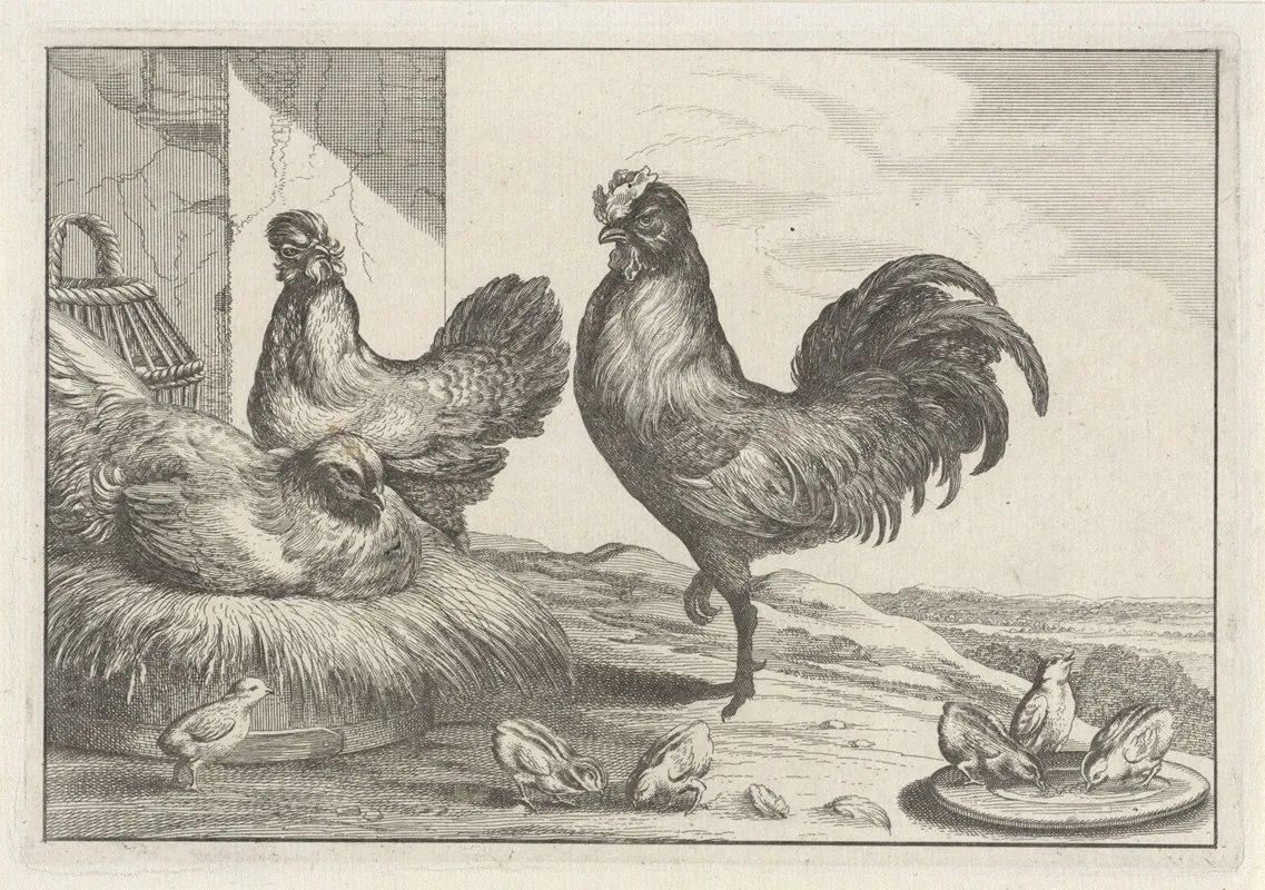A Cock Chicken Hen And Six Chicks In A Farmyard