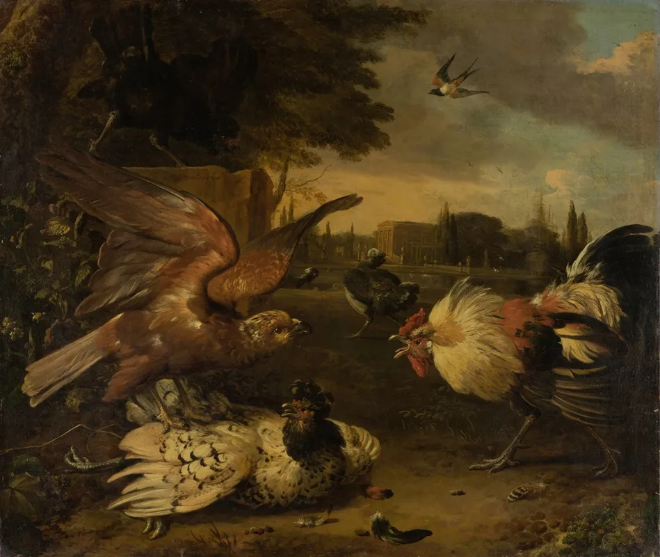 A Cock Defends A Hen From An Attacking Bird Of Prey Wall Art by Melchior d'Hondecoeter - High-Resolution Digital Print