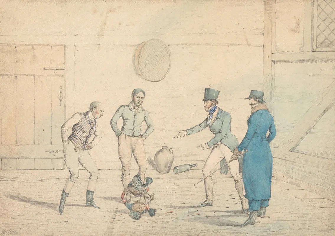 A Cock Fight Watched By Four Men In An Out House