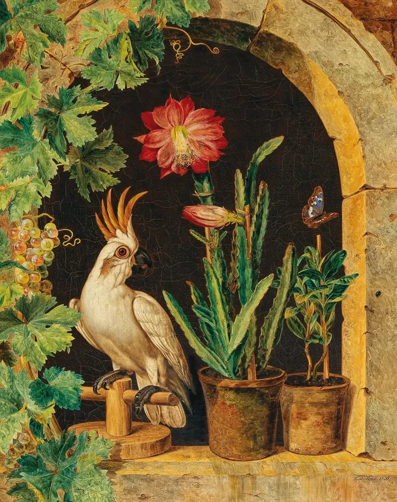 A Cockatoo At The Window With Blooming Cactus And Butterfly Wall Art by Ferdinand Küss - High-Resolution Digital Print