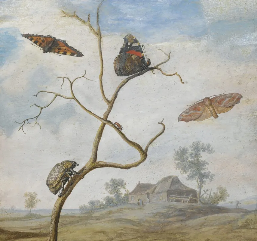 A Cockchafer On A Branch Two Butterflies A Moth And A Small Beetle Above And A Landscape Behind Wall Art by Margareta de Heer - High-Resolution Digital Print