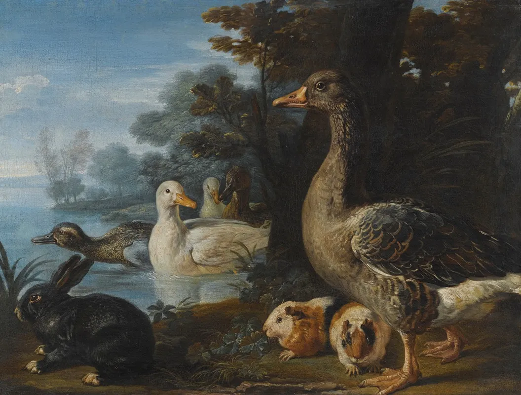 A Cockerel Hens Doves And A Parrot In A Formal Garden Setting Wall Art by David de Coninck - High-Resolution Digital Print