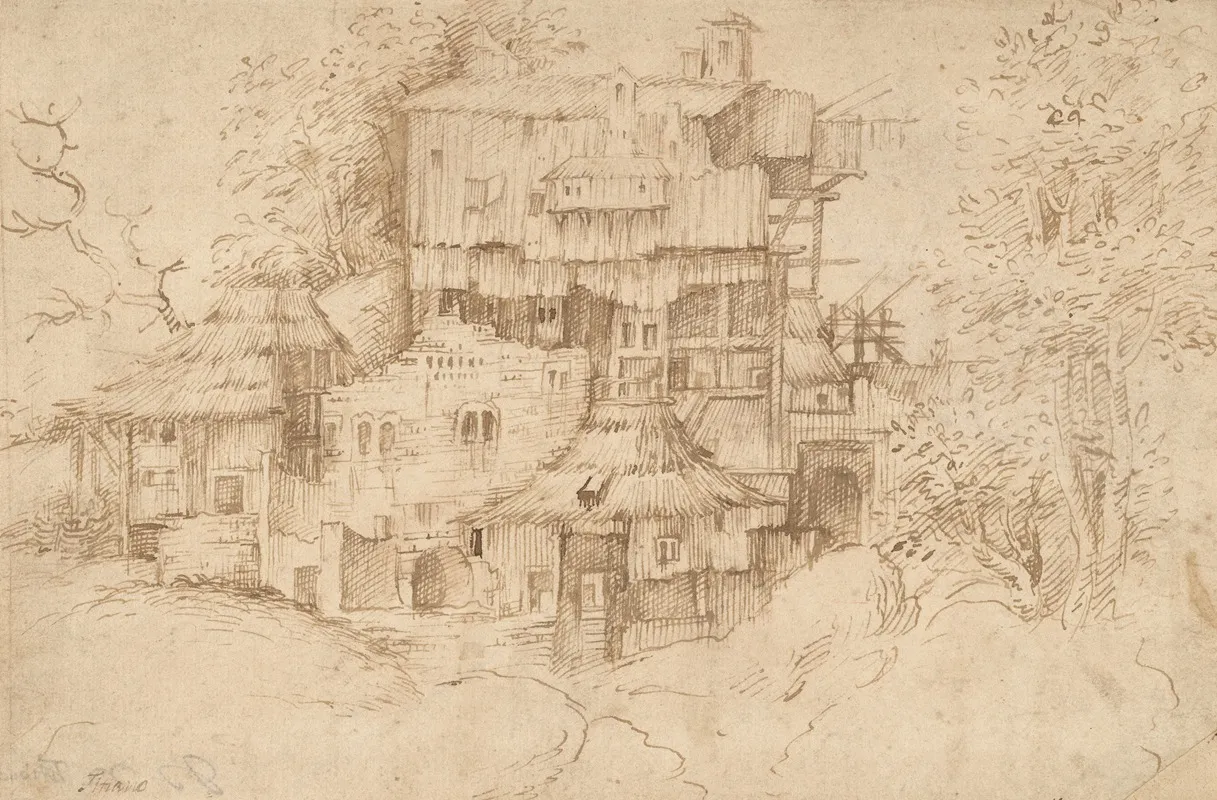 A Complex Of Rustic Houses Built Over Ruins Wall Art by Circle of Giorgione (Giulio Campagnola) - High-Resolution Digital Print