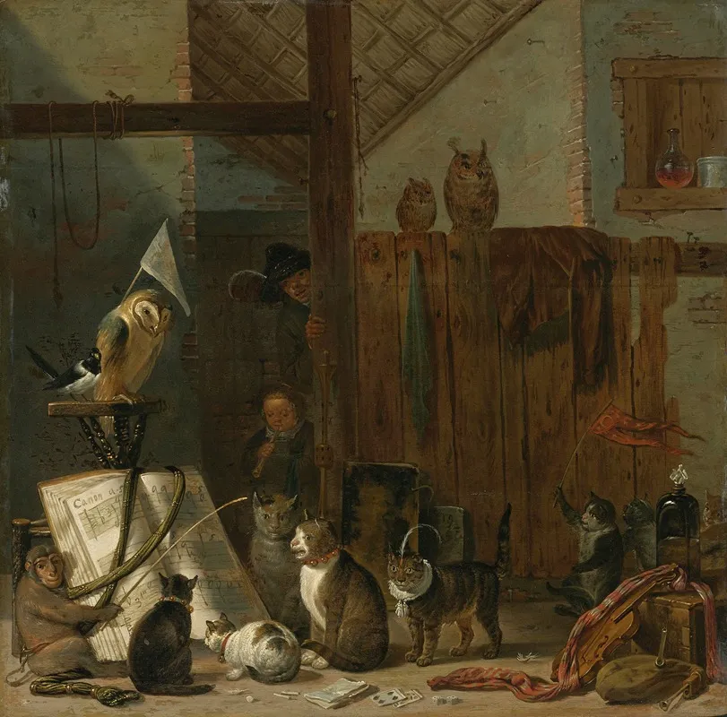 A Concert Of Cats Owls A Magpie And A Monkey In A Barn