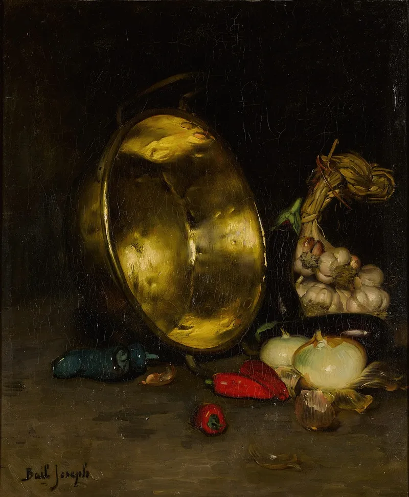 A Copper Cauldron Garlic And Onions Wall Art by Joseph Bail - High-Resolution Digital Print