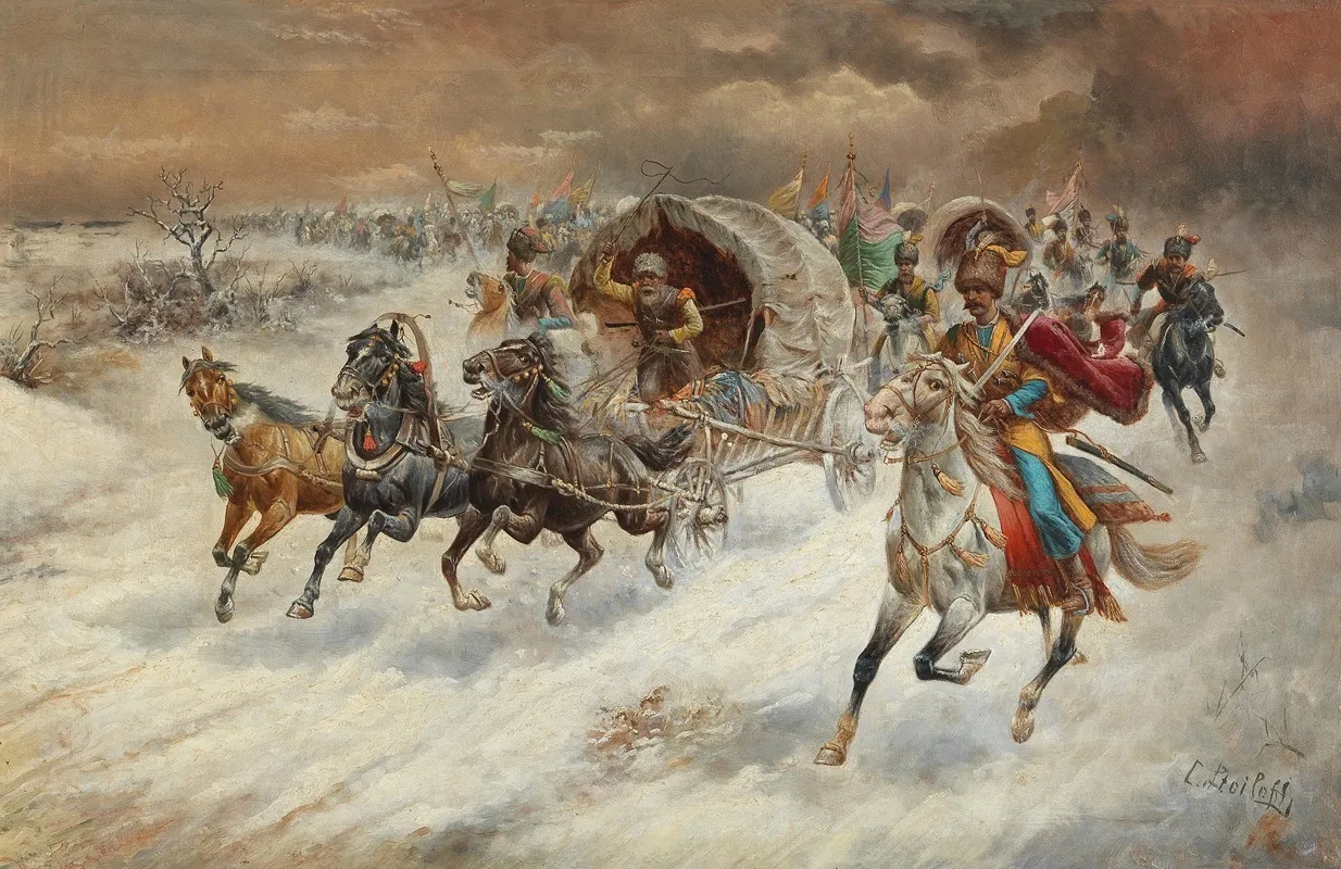 A Cossack Caravan In A Winter Landscape Wall Art by Adolf Baumgartner-Stoiloff - High-Resolution Digital Print