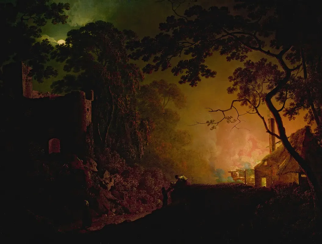 A Cottage On Fire At Night Wall Art by Joseph Wright of Derby - High-Resolution Digital Print