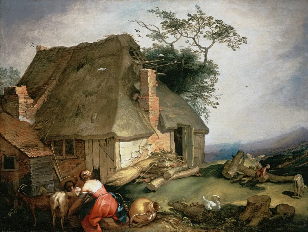 A Cottage With Peasants Milking Goats Wall Art by Abraham Bloemaert - High-Resolution Digital Print