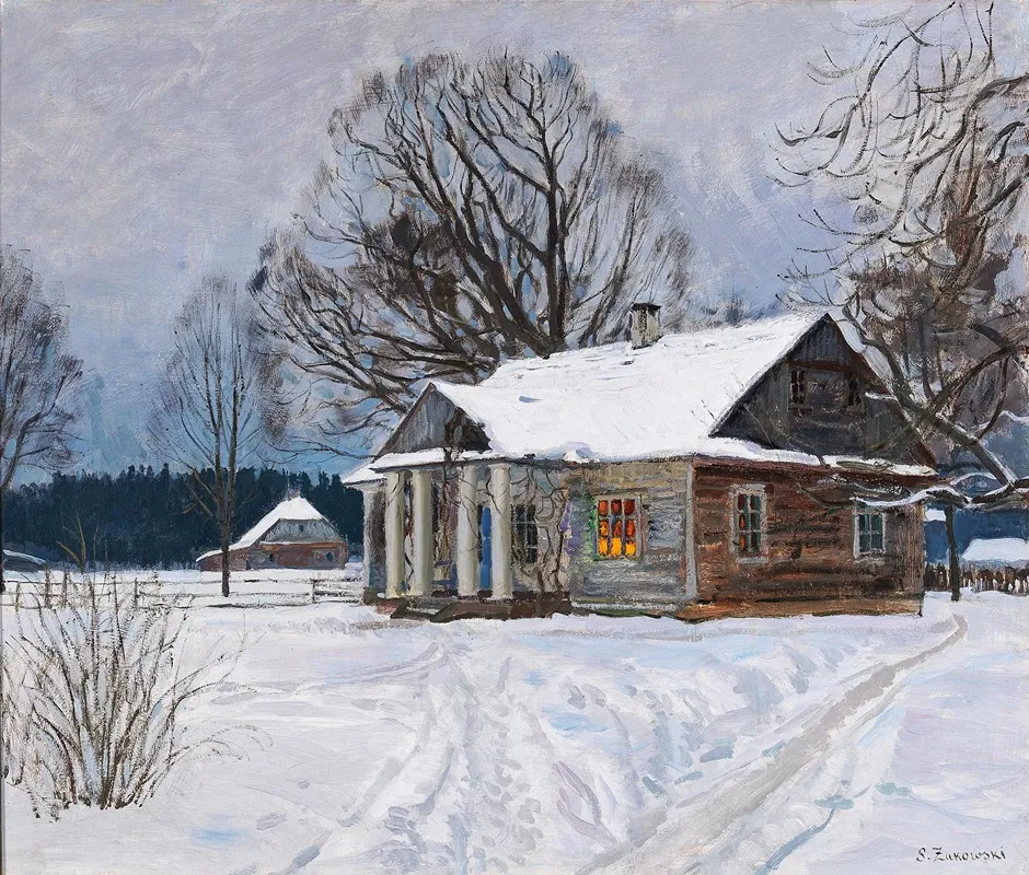 A Country House At Dusk In Winter Wall Art by Stanislav Yulianovich Zhukovsky - High-Resolution Digital Print
