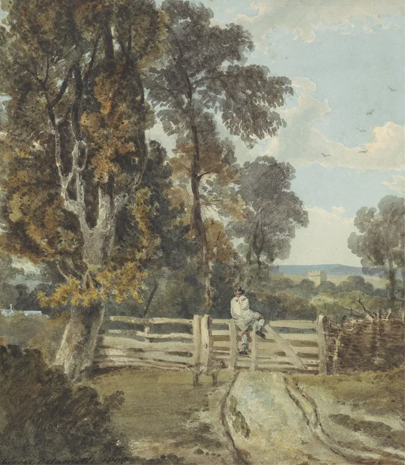 A Country Lane With A Farm Labourer Climbing A Five Bar Gate Wall Art by George Delamotte - High-Resolution Digital Print