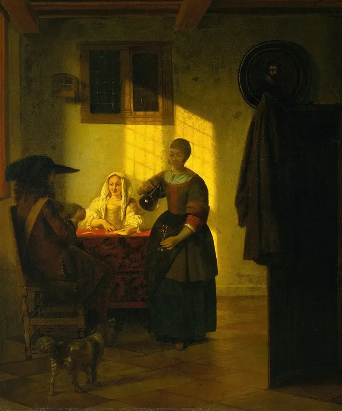 A Couple Playing Cards With A Serving Woman Wall Art by Pieter De Hooch - High-Resolution Digital Print