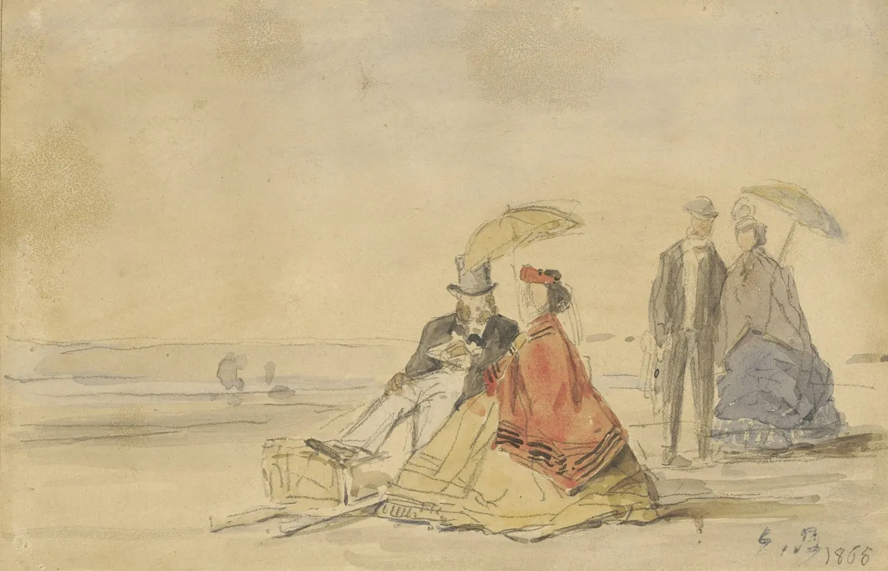 A Couple Seated And A Couple Walking On The Beach Wall Art by Eugène Boudin - High-Resolution Digital Print