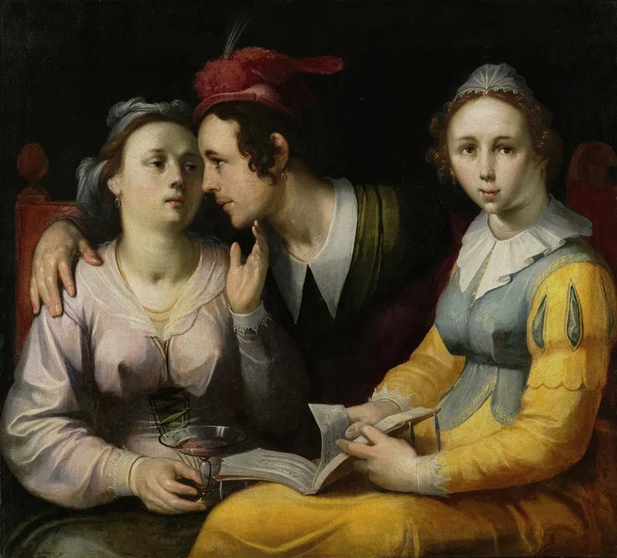 A Courting Couple And Woman With A Songbook Wall Art by Cornelis Cornelisz Van Haarlem - High-Resolution Digital Print
