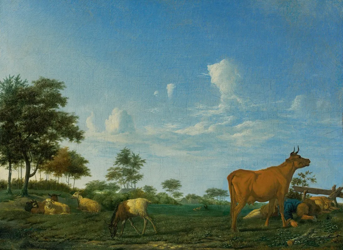 A Cow Sheep And Goats In A Meadow With A Shepherd Asleep