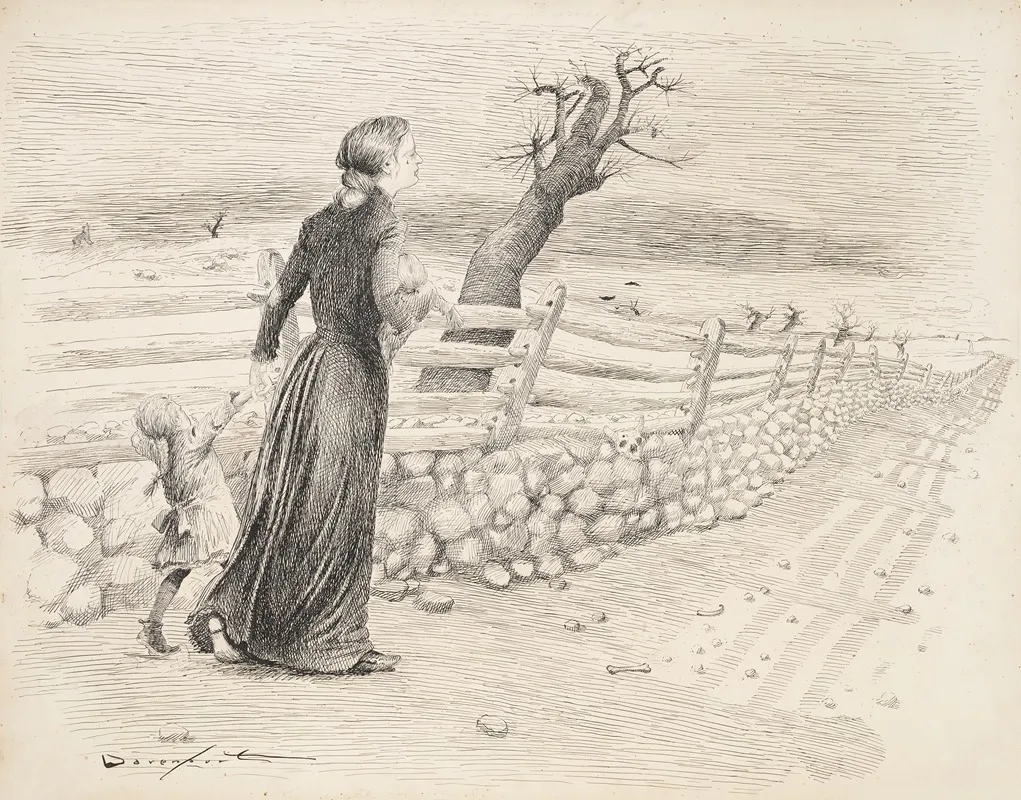 A Crying Woman Carries A Baby And Leads A Young Girl Walking Along A Fence