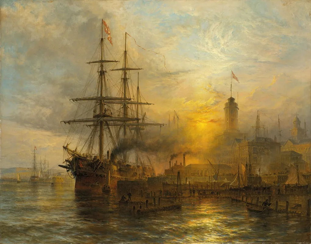 A Danish Steamer Moored Alongside A Busy Dock Wall Art by Henry Thomas Dawson - High-Resolution Digital Print