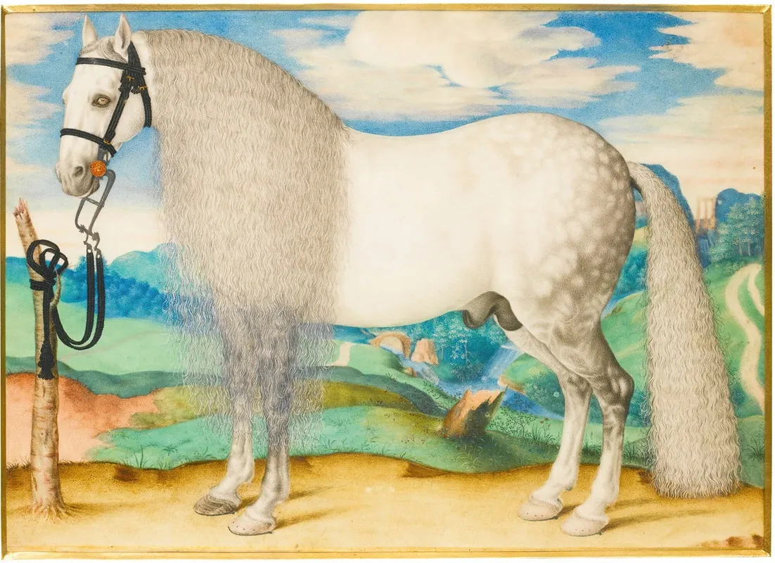 A Dappled Grey Stallion Tethered In A Landscape Wall Art by Prague School - High-Resolution Digital Print