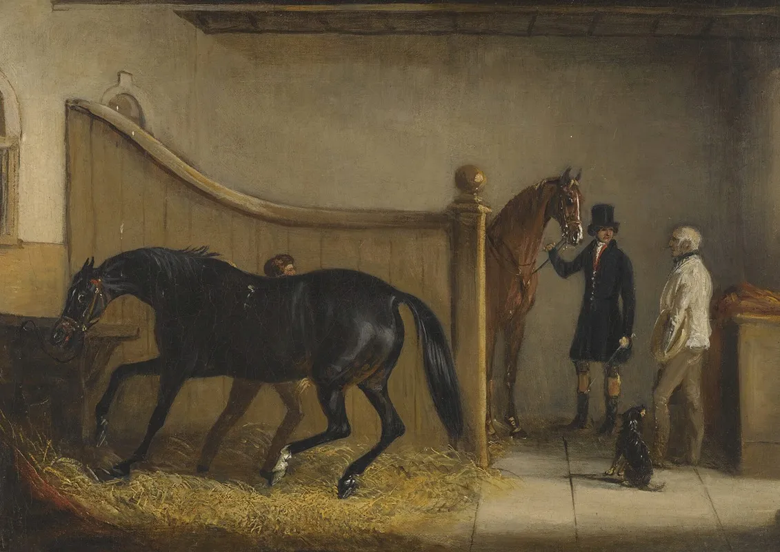 A Dark Bay And A Chestnut Hunter With A Huntsman And Other Figures In A Stable Wall Art by John Ferneley Jr. - High-Resolution Digital Print