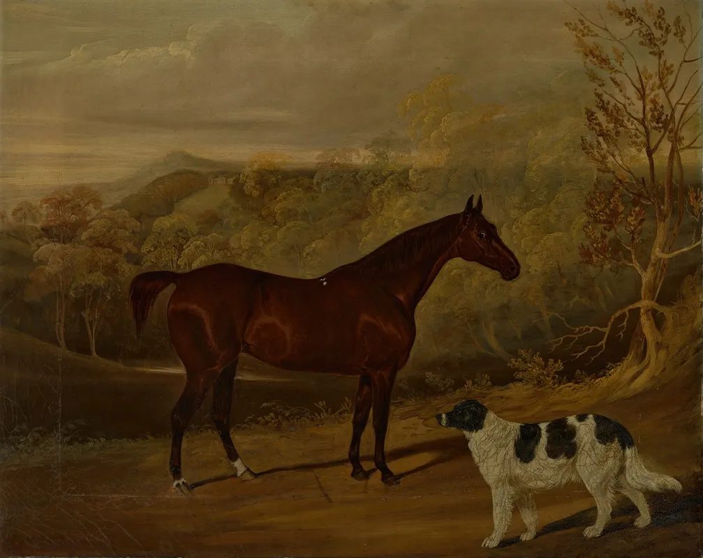 A Dark Bay Hunter And A Standing Spaniel In The Park At Harewood Wall Art by David Dalby Of York - High-Resolution Digital Print