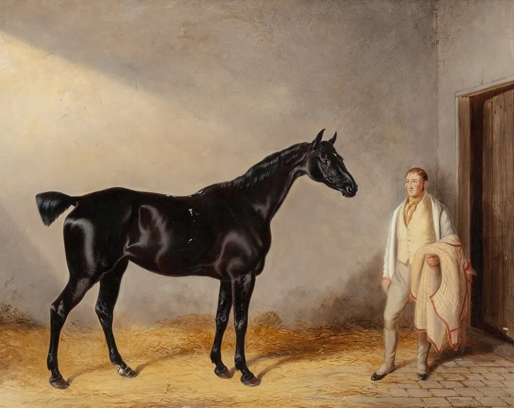 A Dark Bay Hunter With A Groom In A Stable Wall Art by William Barraud - High-Resolution Digital Print