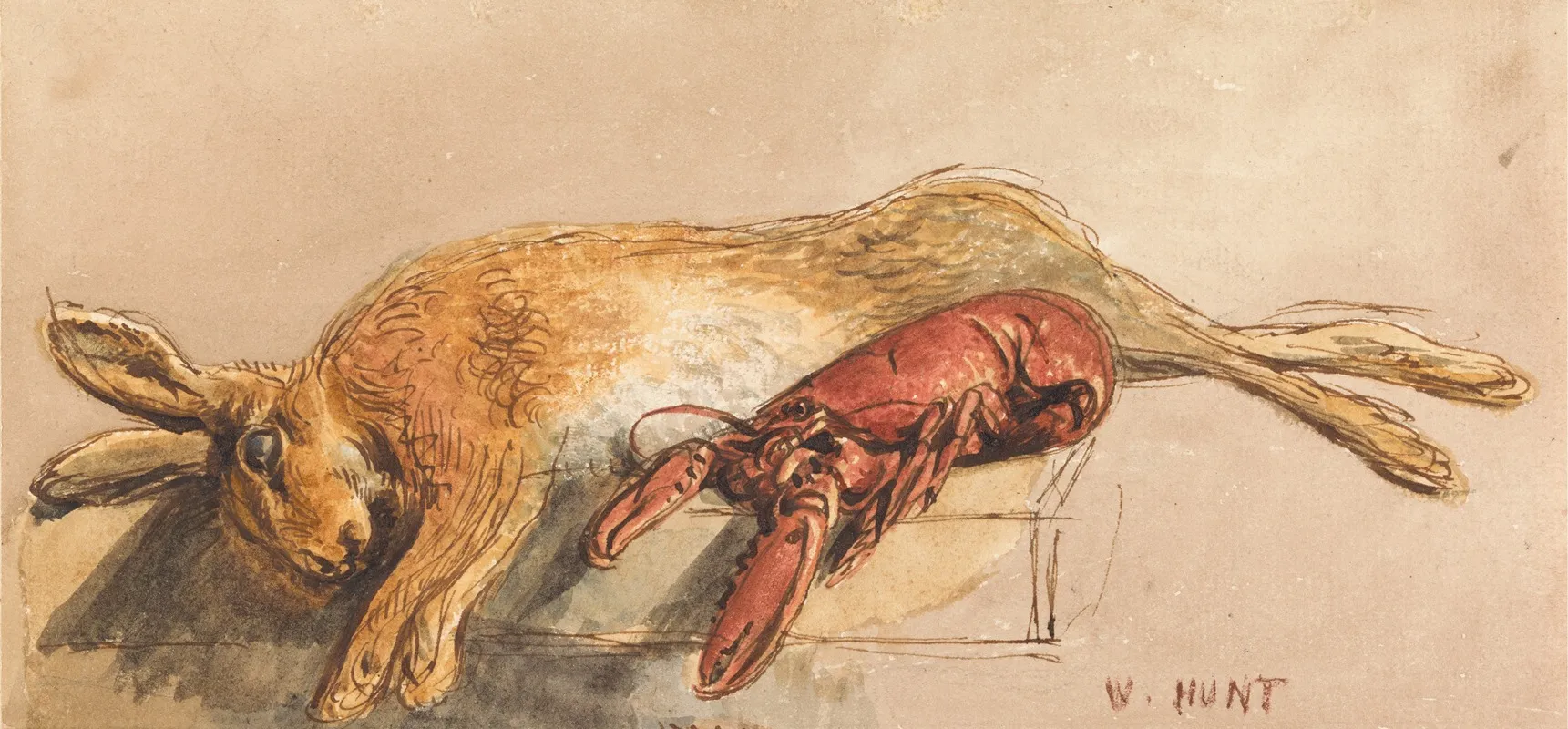 A Dead Hare And A Cooked Lobster On A Bench