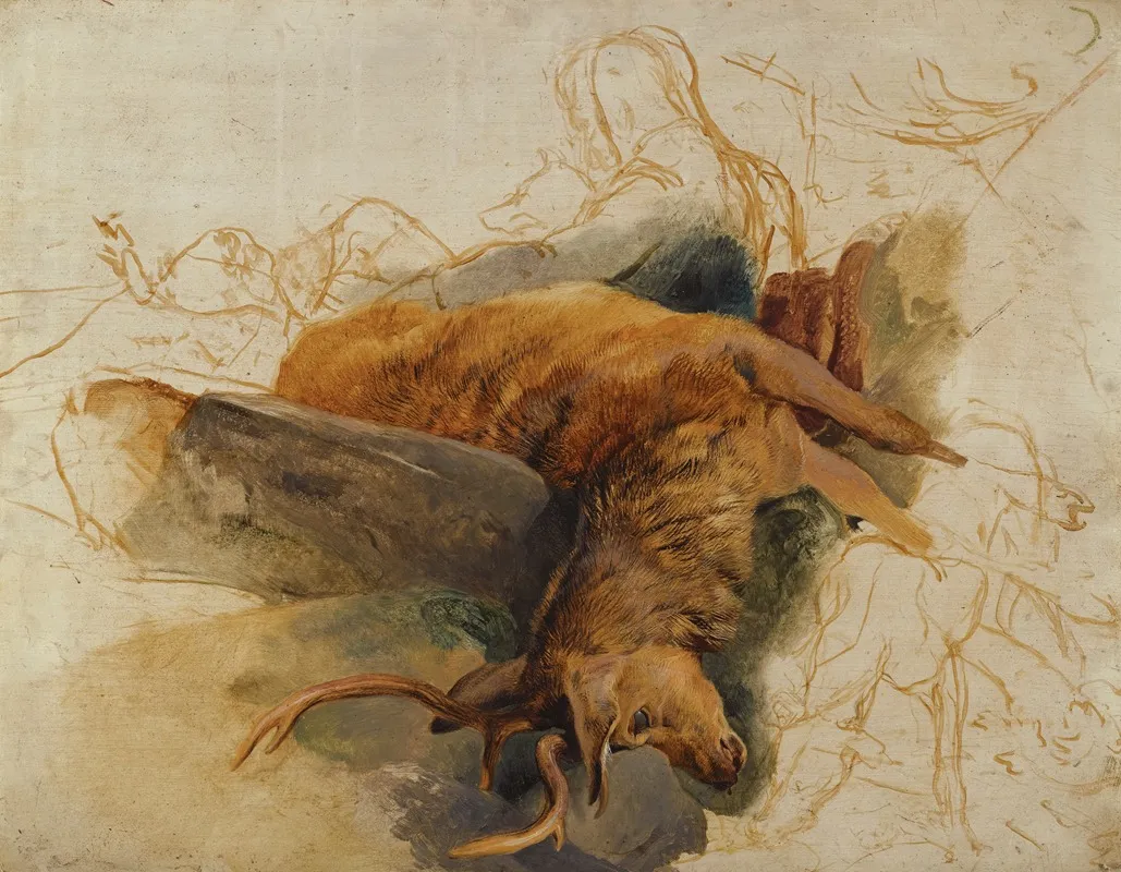 A Dead Stag With Sketched Figures Of A Ghillie And Hounds
