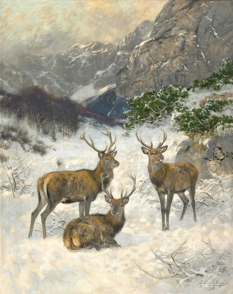 A Deer Herd In Winter Wall Art by Josef Schmitzberger - High-Resolution Digital Print