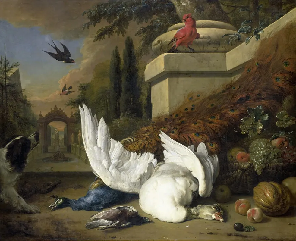A Dog With A Dead Goose And Peacock A Study Of Game And Fruit Wall Art by Jan Weenix - High-Resolution Digital Print