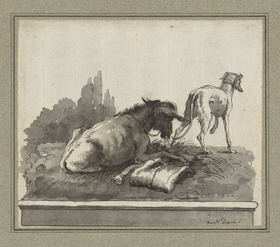 A Donkey Lying On The Grass With An Italian Greyhound On A Base Wall Art by Giovanni Domenico Tiepolo - High-Resolution Digital Print