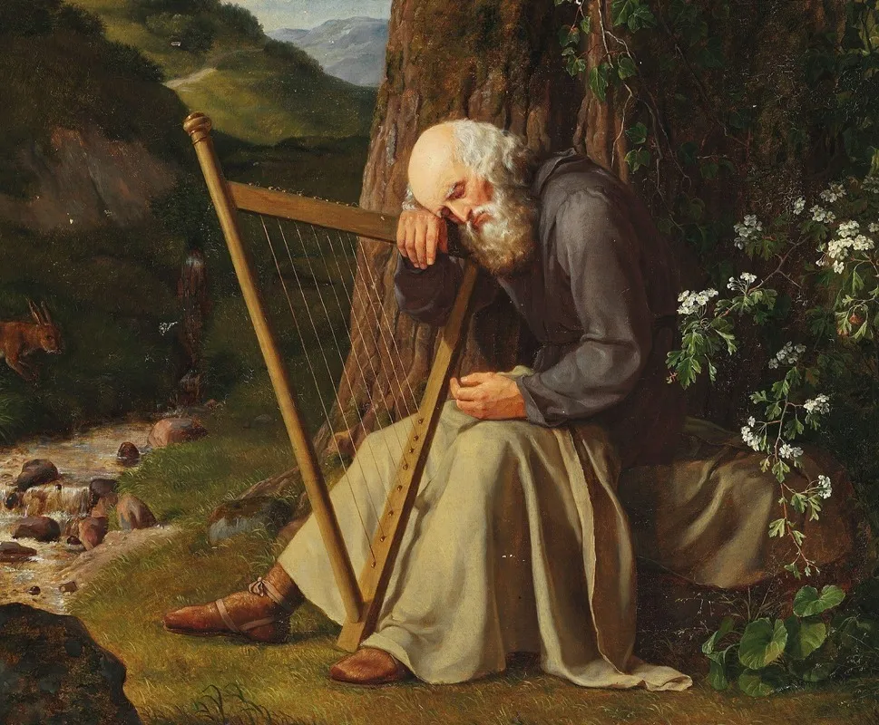 A Dozing Harpist Wall Art by Adam August Müller - High-Resolution Digital Print