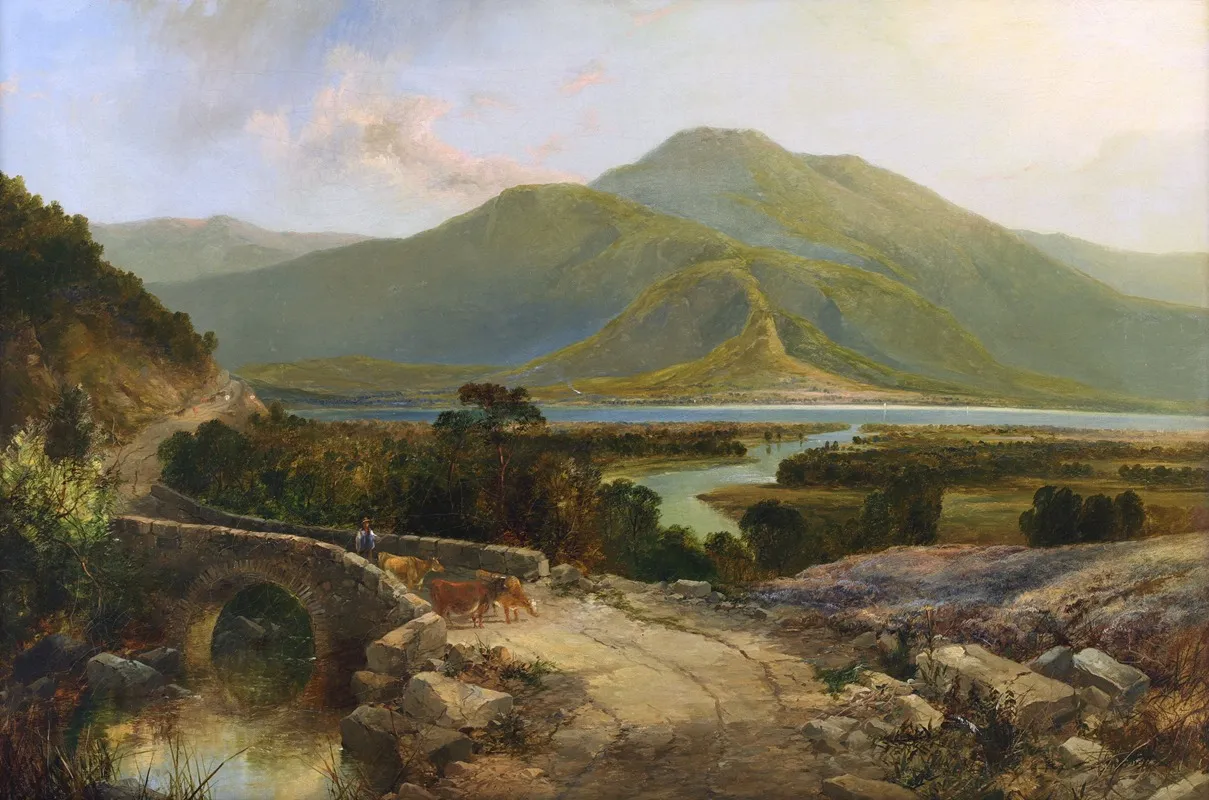 A Drover With Cattle In A Mountainous Lake Landscape Wall Art by James Burrell Smith - High-Resolution Digital Print