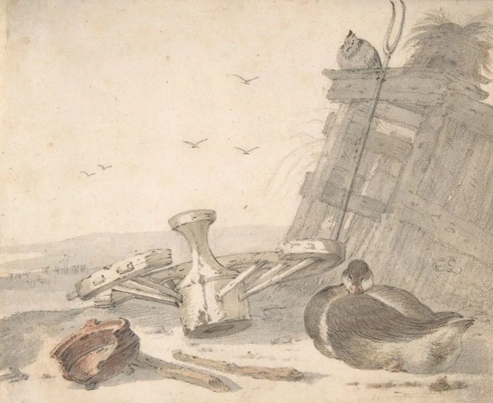 A Duck Sleeping Near A Broken Wheel In A Farmyard A Chicken Beyond