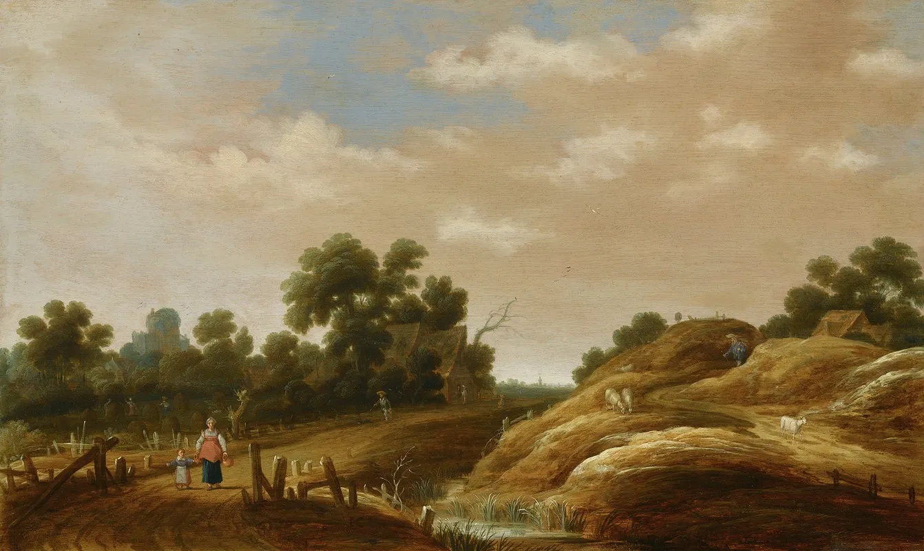 A Dune Landscape With A Peasant Woman And Child On A Path Farm Houses Beyond Wall Art by Joachim Govertsz Camphuysen - High-Resolution Digital Print