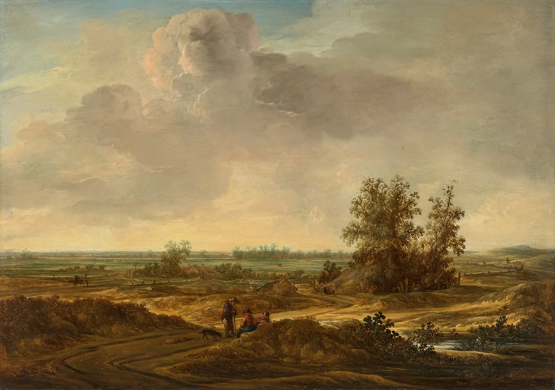 A Dune Landscape With Three Travelers And A Dog At Rest Wall Art by Jacob Van Moscher - High-Resolution Digital Print