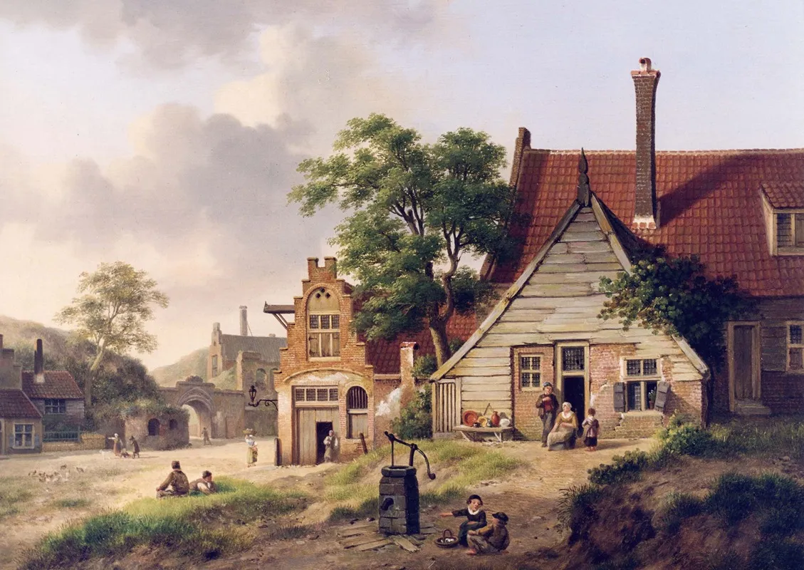 A Dutch Village Scene With Figures Wall Art by Jan Hendrik Verheijen - High-Resolution Digital Print