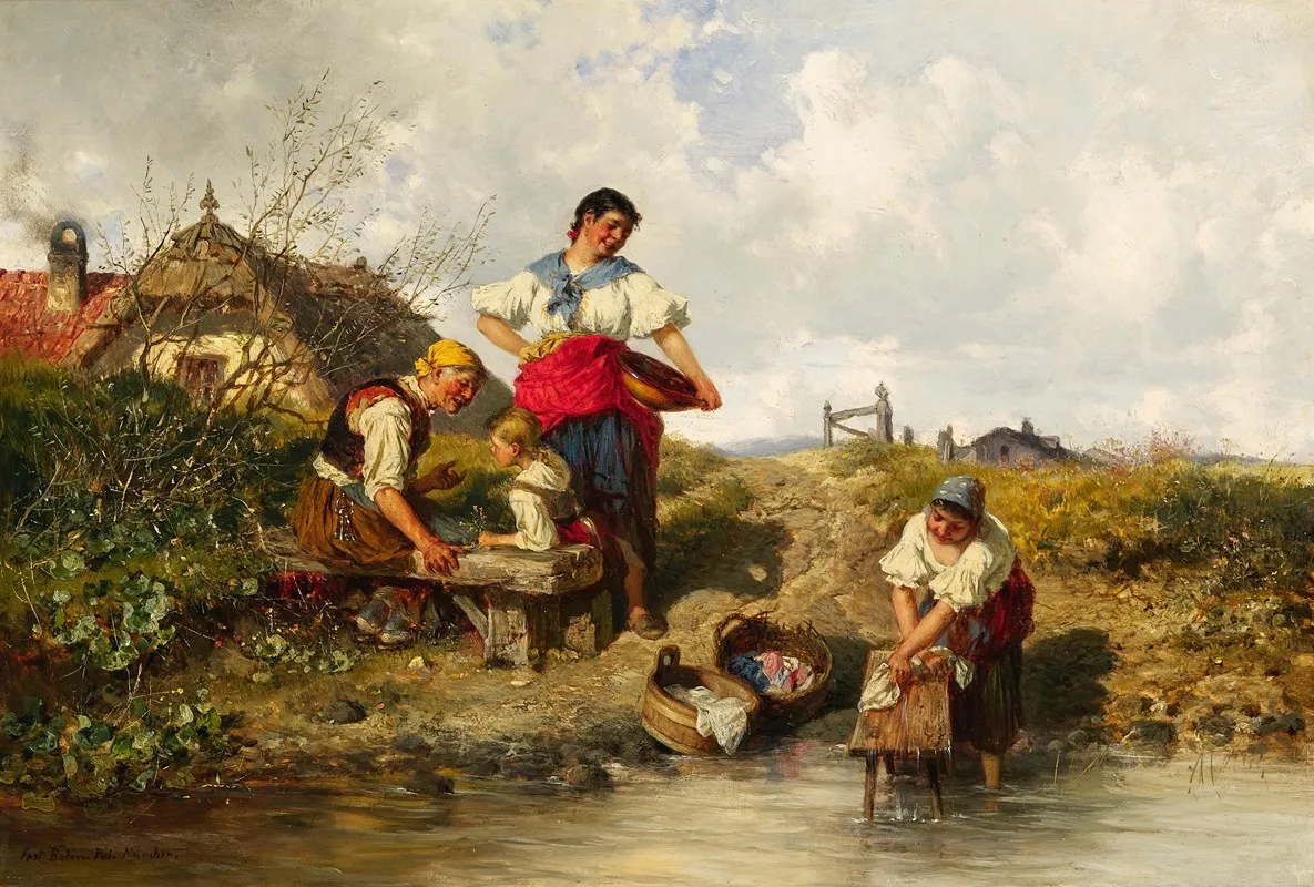 A Family Idyll With Washerwomen By A River Wall Art by Pal Böhm - High-Resolution Digital Print