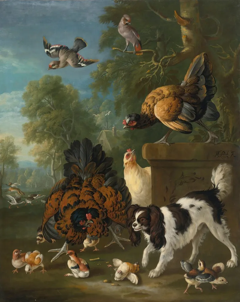 A Family Of Chickens Fending Off A Spaniel In A Landscape Wall Art by Pieter Casteels III - High-Resolution Digital Print