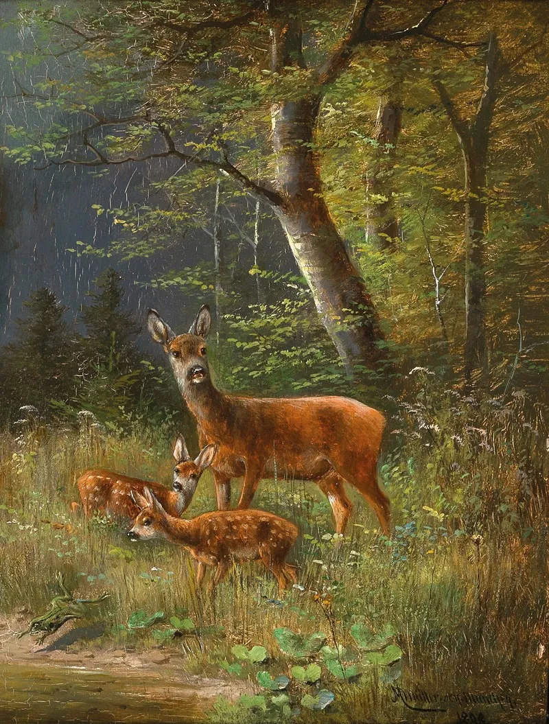 A Family Of Red Deer In A Forest Glade