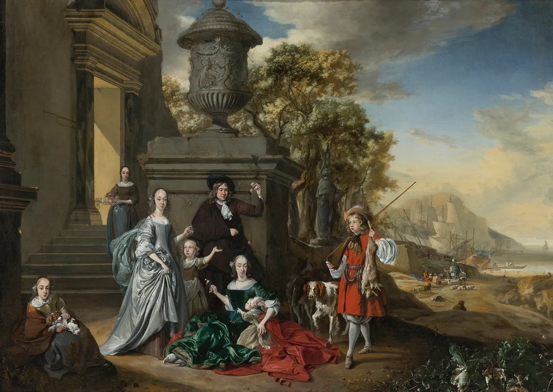 A Family Portrait On The Grounds Of A Villa With An Italianate Harbor Scene Beyond Wall Art by Jan Weenix - High-Resolution Digital Print