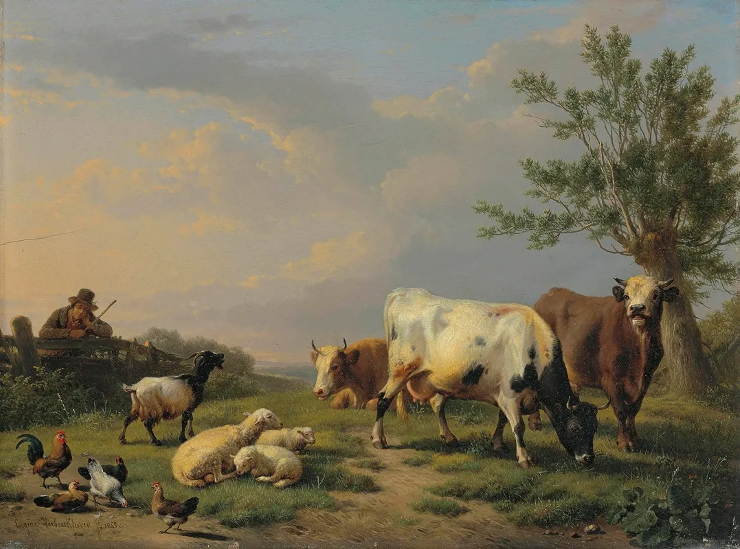A Farmer With Three Cows Three Sheep One Goat And Five Chickens In A Landscape
